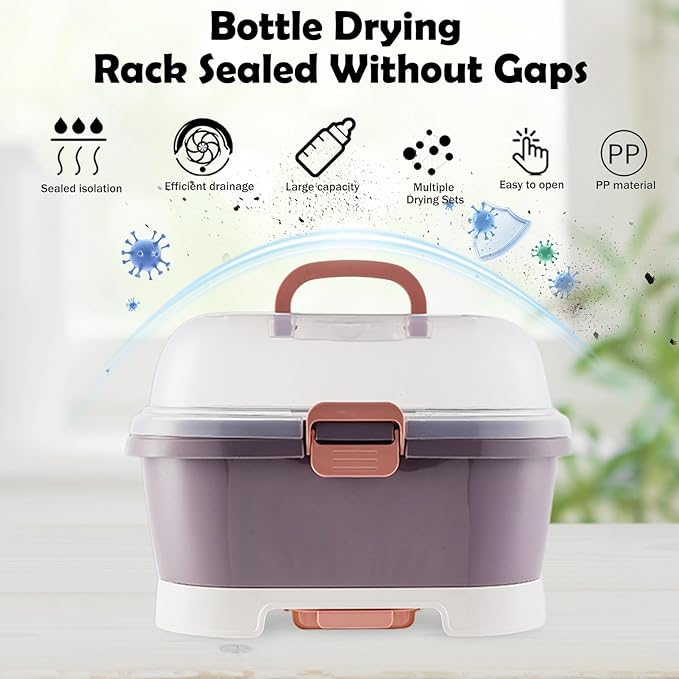 Baby Bottle Organizer for Storage, Baby Bottle Storage Large Capacity with Lid Cover Anti-Dust Protection and Cutlery Storage Drying Rack Portable Large Capacity Bottle Organizer Baby (purple)