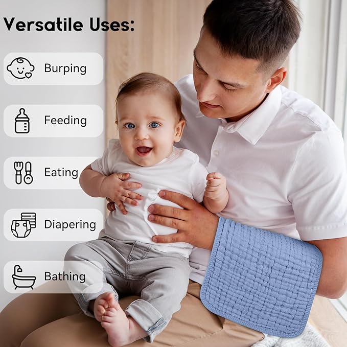 Muslin Burp Cloths for Baby 100% Cotton Burping Cloths for Boys Girls Large 20''X10'' Extra Soft and Absorbent 12 Pack - Gradient White Blue