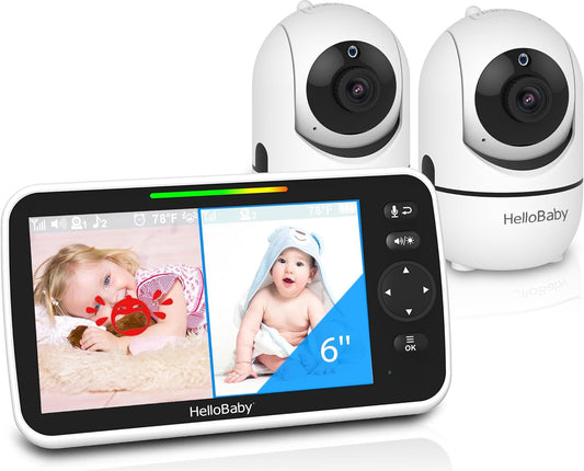 HelloBaby Baby Monitor 2 Cameras, 6'' World First IPS Split-Screen 30H Battery, No WiFi 2-Way Audio, Video, VOX, Double Cameras Pan-Tilt-Zoom, Night Vision, 8 Lullabies, 1000ft for Twins