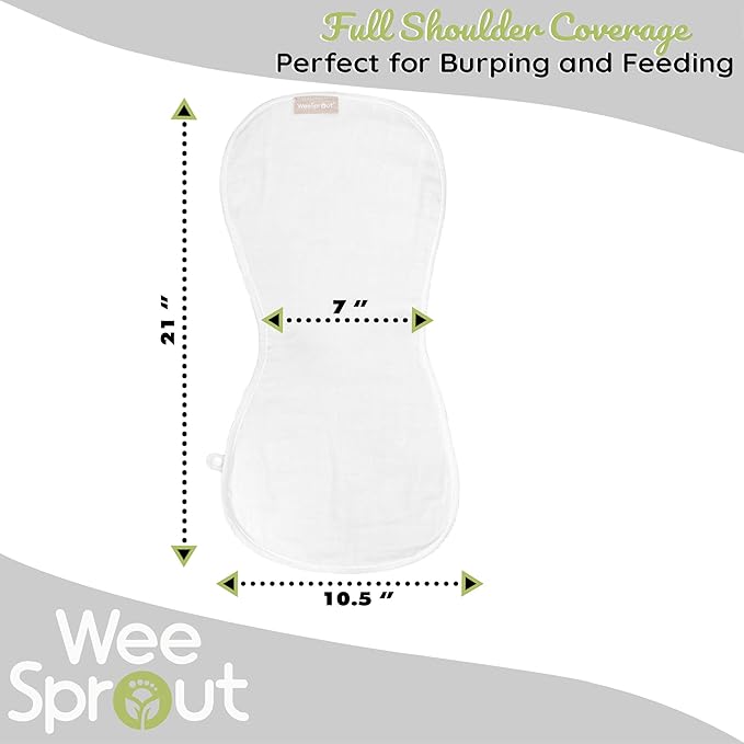WeeSprout Unisex Organic Towel Cotton Burp Cloths, Set of 4, Four Ultra-Absorbent Layers Keep Clothes Dry, Button Transforms into Baby Bib, Machine Washable & Dryer Safe (White Set, Full)