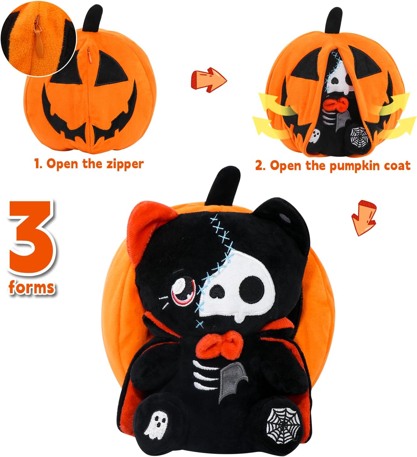 Halloween Reversible Pumpkin Plush Zipper, Skeleton Black Cat Transformed Cat, Stuffed Animal Halloween Boys Girls Kids Birthday Gift