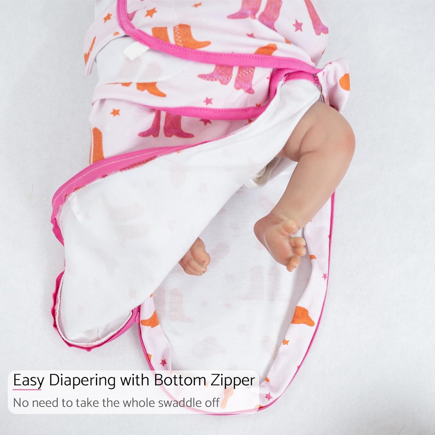 LollyBanks Baby Swaddles 100% Organic Cotton, 0-3 Months Baby Girl Swaddles with Easy Change Zipper, Swaddle Sack for Newborn Girls (Pink Boot Print)