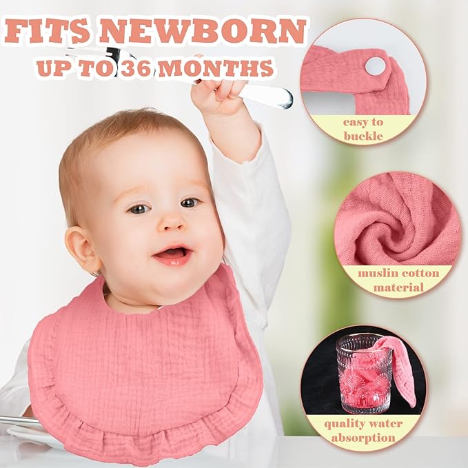 Seematn 10 Pcs Baby Muslin Bibs Drool Bibs Bandana Ruffle Soft Cotton for Newborn Baby Infants Girl Teething Toddlers Boy(Pink)
