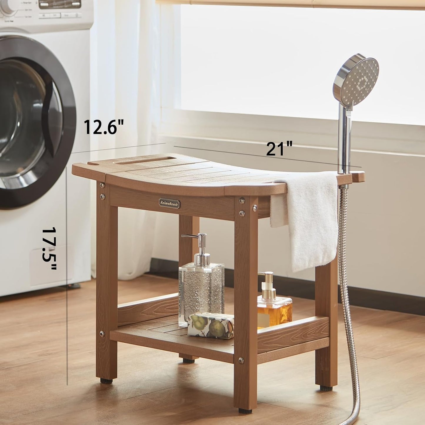 Poly Shower Stool for Inside Shower Waterproof, Shower Bench for Shaving Legs, Heavy Duty Plastic Bathroom Chair Seat with Handles & Adjustable Feet, Foot Rest, No Maintenance, Brown