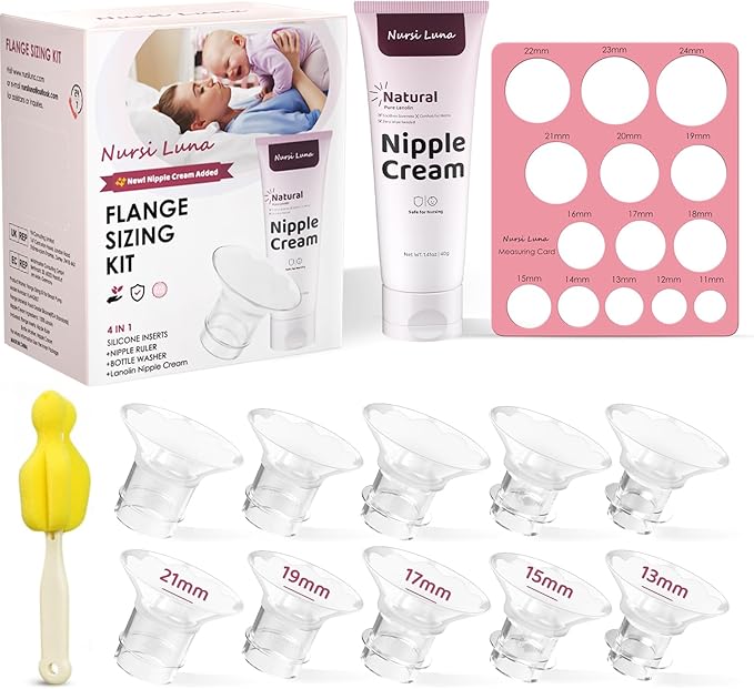 Flange Sizing Kit with 10PCS Flange Inserts 13/15/17/19/21mm, Nipple Measurement Tool, Silicone Flange Insert Kit for 24mm Flange/Shield Breast Pumps, Breastfeeding Essentials Kit