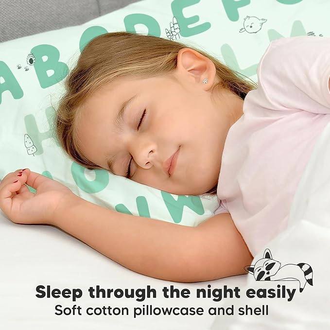 Toddler Pillow with Pillowcase - 13x18 My Little Dreamy Kids Travel Bed Pillows for Sleeping, Organic Cotton Small Pillowcase, Soft & Breathable, Machine Washable, Toddlers 2-5 years old (KeaABC Mint)