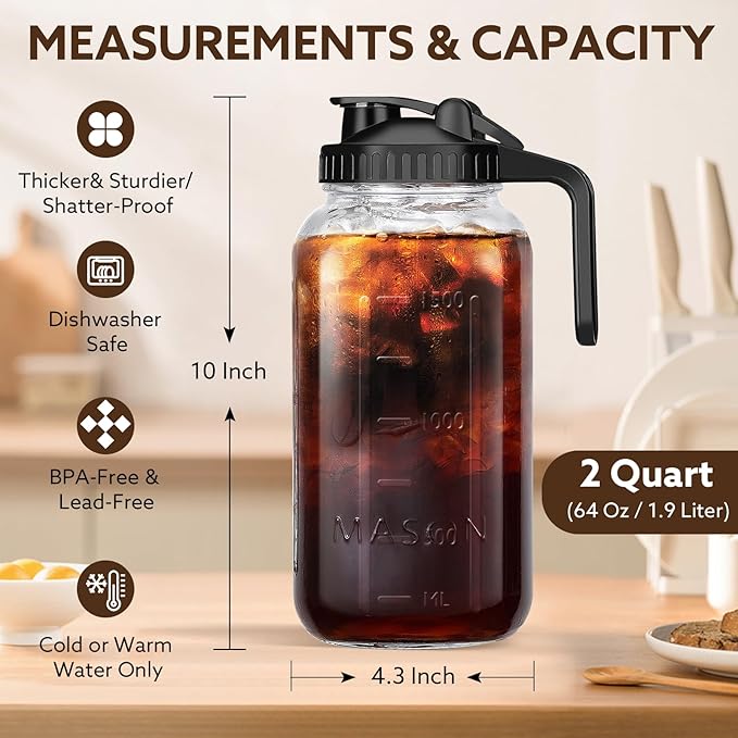 Glass Pitcher with Lid, 64 OZ Mason Jar Pitcher Double Leak Proof, 2 Quart Breast Milk Storage Containers for Fridge, Wide Mouth Glass Jar for Sun Tea, Juice, Cold Brew Coffee