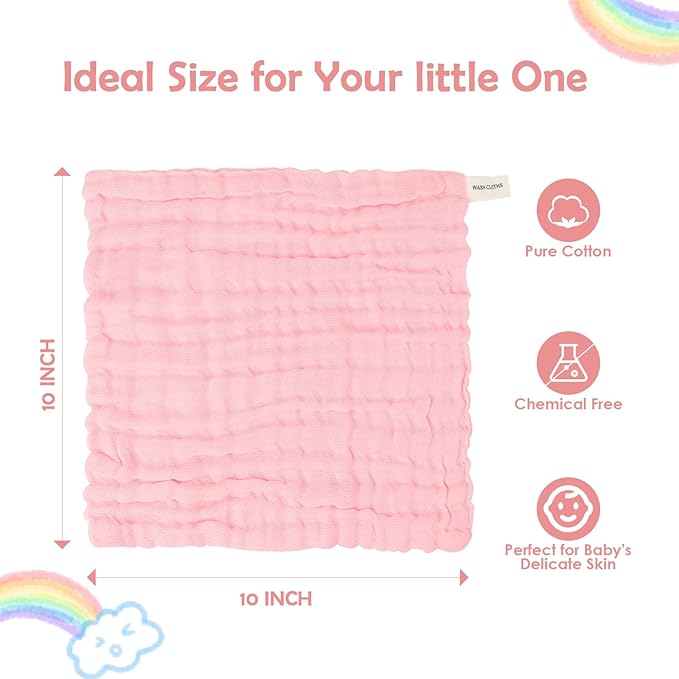 Orighty Muslin Baby Washcloths Pack of 6 - Soft Face Cloths for Newborn, Absorbent Baby Bath and Face Towels, 100% Cotton Babies Wipes, Burp Cloths, Feeding Towels for Babies and Infants - 10 x 10’’