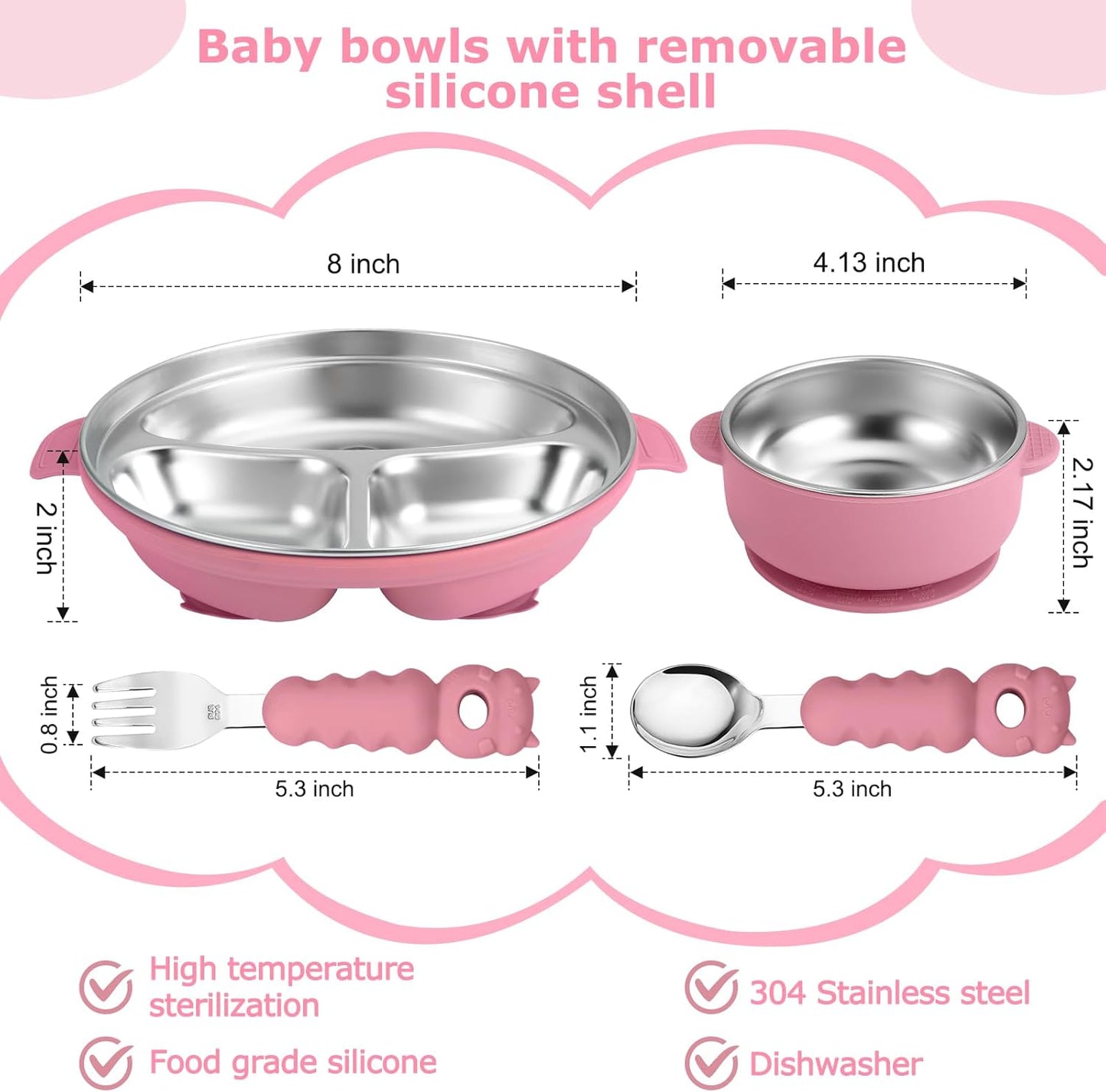 Stainless Steel Baby Plate and Bowl with Suction, Baby Bowl and Divided Kids Toddler Plate with Removable Silicone Shell, Non-Slip Toddler Baby Feeding Set, Forks + Spoons Included-Rose red