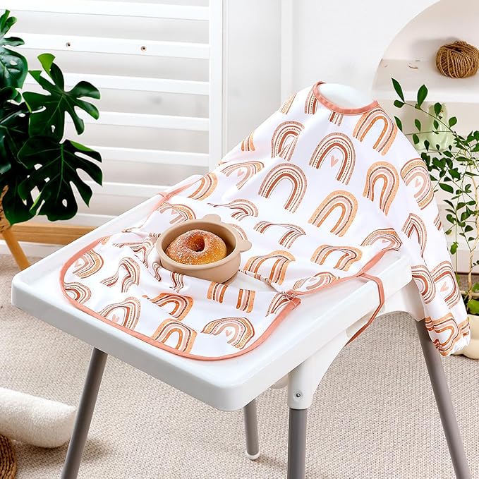 2-Pack Long Sleeve Baby Bib,Coverall Baby Bibs for Eating,Waterproof,Attaches to Highchair&Table,Ages 1 to 3 Years