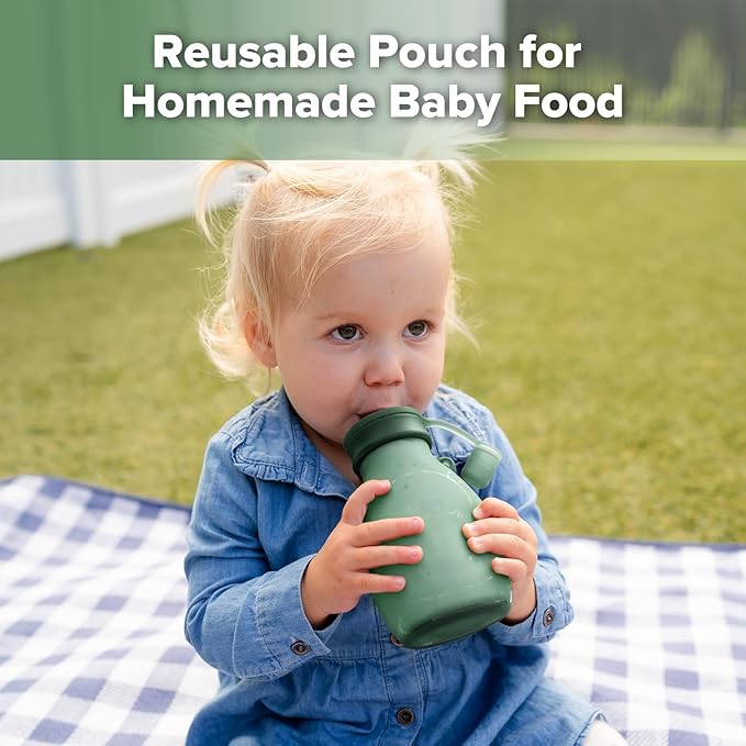 haakaa Hippo Wide Opening Silicone Goody Pouch – Reusable Pouches for Toddlers, Baby Food Pouches with Wide Opening for Easy Fill & Clean, Perfect for Purees & Smoothies, 9oz, 2 Pack, (Pea Green)
