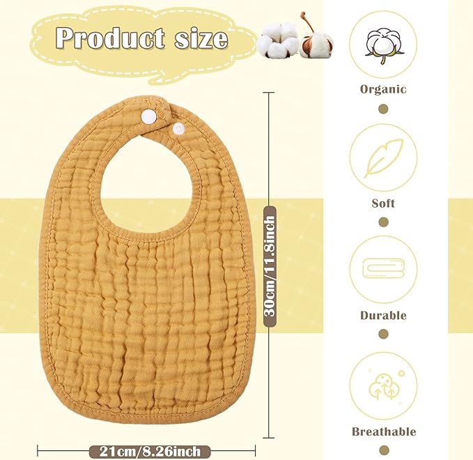 Frienda 8 Pcs Muslin Baby Bibs Cotton Bandana Drool Bibs Bulk for Newborn Infant 6 Absorbent Layers Feeding Accessory