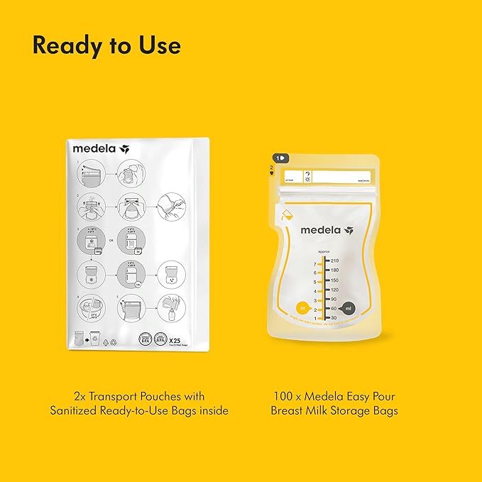 Medela Easy Pour Breastmilk Storage Bags 100 Count 7oz/210ml Disposable, Leakproof, Fast Freeze, Breast Milk Protection Recyclable & BPA Free