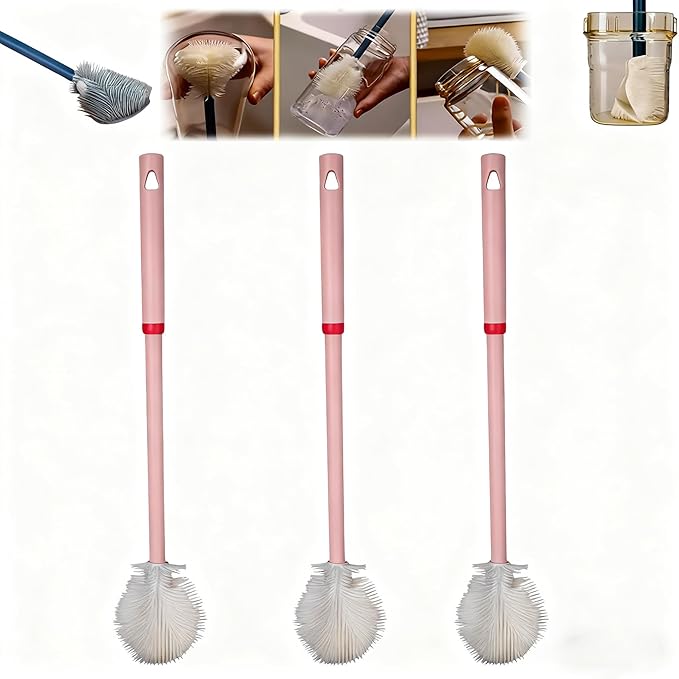 3Pcs 360° Flexible Silicone Bottle Brush with Long Handle Multifunction Flexible, Deep Cleaning for Narrow Neck Bottles, Baby Bottles, Water Bottles (Rouge Powder)