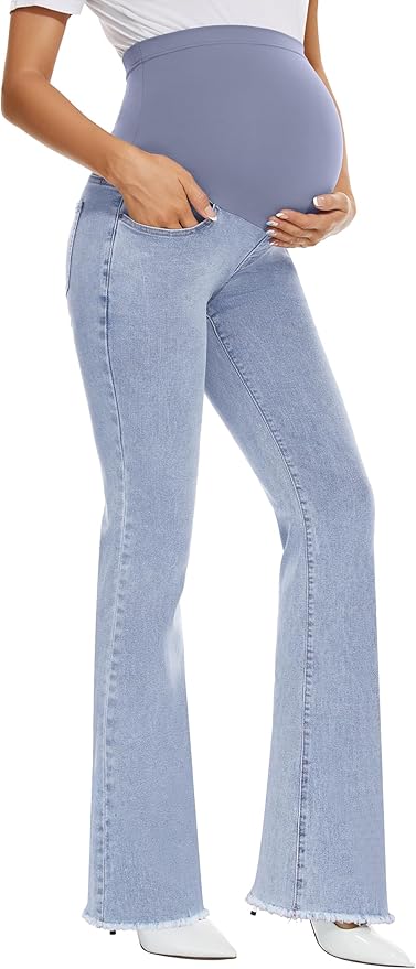 GLAMIX Women's Stretch Maternity Bootcut Jeans with Pockets Over The Belly Bell Bottoms Flare Denim Pants Pregnancy Clothes