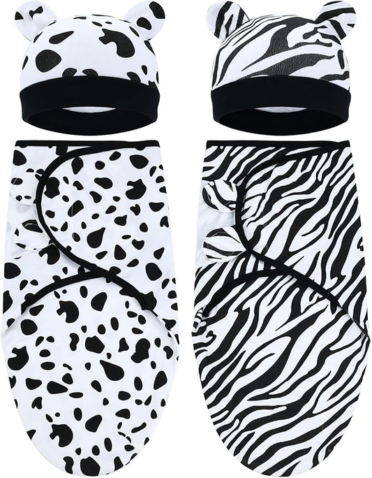 Cinaci 2 Pieces Adjustable Soft Cotton Baby Swaddle Sleep Sacks Hats Newborn Nursery Caps Beanies Bonnets Swaddle Blanket Wraps for Baby Girls Boys Infants Newborns (2PCS S14)