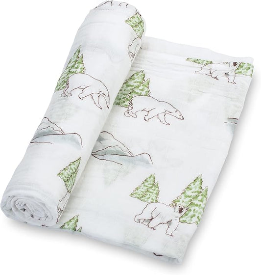 LollyBanks Muslin Swaddle Blankets, 100% Cotton Soft Baby Swaddle Blanket for Boys and Girls, Large 47 x 47 Inches Breathable Baby Receiving Blankets, Baby Essentials, Registry (Polar Bear Theme)