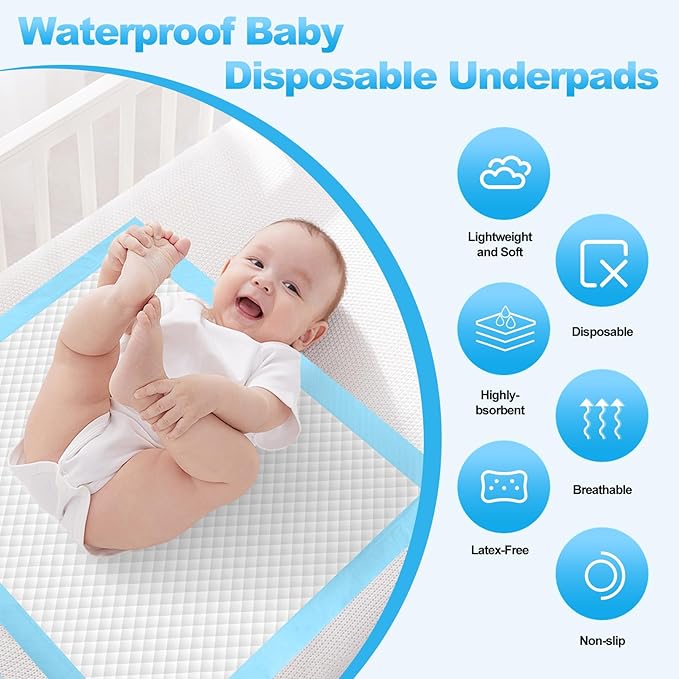100 Pack Disposable Changing Pads,Waterproof Baby Disposable Underpads,Soft Absorbent Waterproof Diaper Changing Pad for Baby Incontinence with Moisture Protector,23.6 x 17.7Inch(Blue)