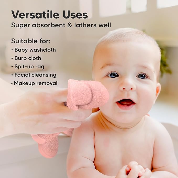 6-Pack Baby Washcloths - Soft Absorbent Viscose from Bamboo Wash Cloths for Babies, Kids, Toddlers, Infant, Newborn Bath Towels, Gentle on Sensitive Skin, 10x10 Reusable Face Towels (Blush Pink)