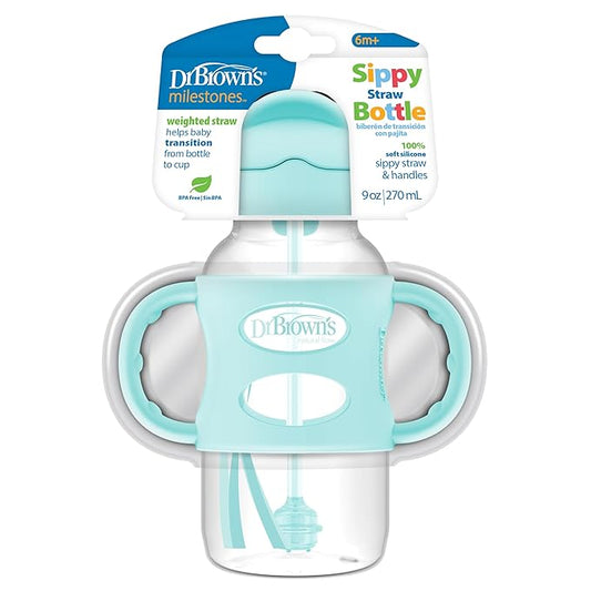 Dr. Brown's Milestones Wide-Neck Sippy Straw Bottle with 100% Silicone Handles and Weighted Straw, 9 oz/270 mL, Green, 6m+