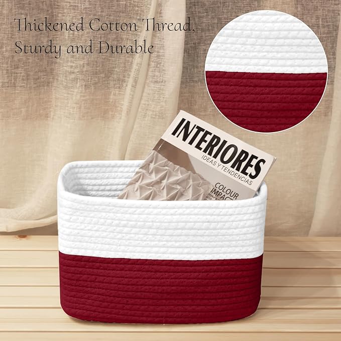 Hopegiver 3 Pack Storage Baskets for Organizing with Handle, Woven Baskets for Shelves - Durable Gift Basket for Cloth Toys Books Baby, Cotton Rope Basket for Dog Cat, 11x8x7 Inch(White&Red)