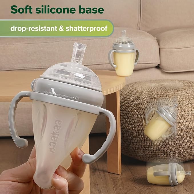 haakaa Weighted Straw Sippy Cup for 6+ Month Old, Silicone Weighted Straw Cup Milk Sippy Cup Baby Water Bottle with Straw Brush (Grey, 8oz./250ml)