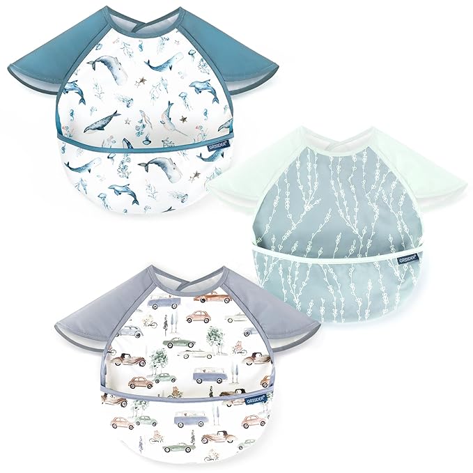 GRSSDER 3-pack Mess Proof Baby Feeding Bibs with Food Catcher Pocket, Soft Lightweight Waterproof Fabric Material with Zero Plastic-like Feel, Adjustable and Easy Clean Toddler Bibs for 6-36 Months