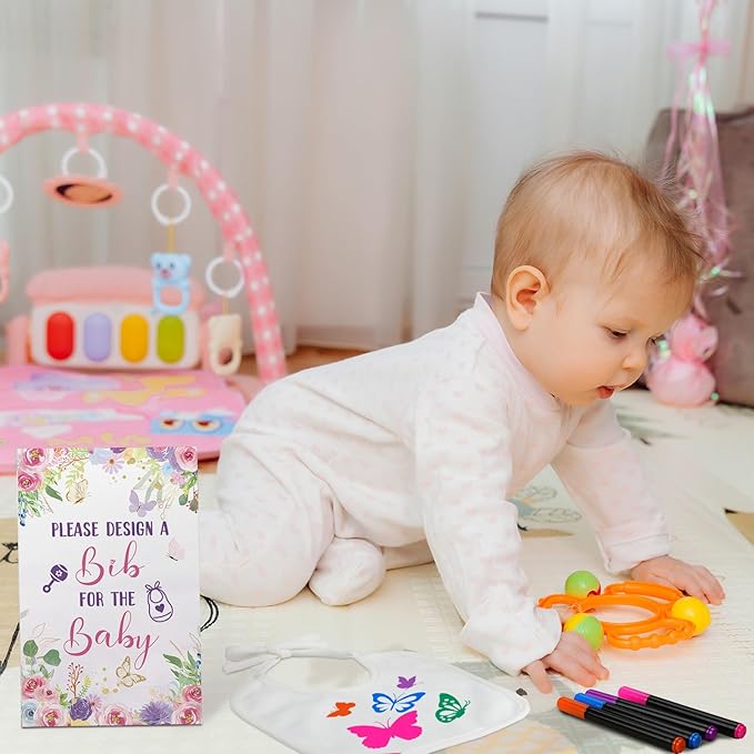 Newwiee 55 Pcs White Bibs for Baby Decorating Design a Bib Decorate Plain newborns Bibs Wooden Sign for Baby Shower Games Kit