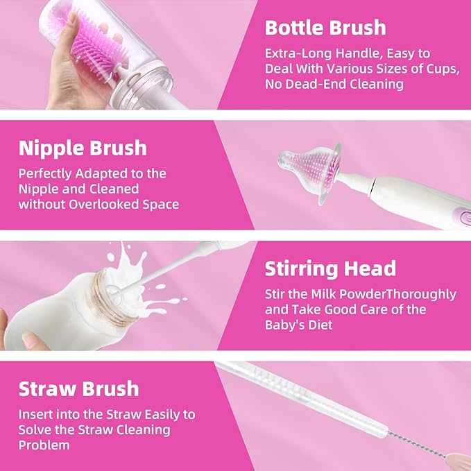 Electric Bottle Brush Set with Silicone Pacifier/Straw Brush and Mixing Head, Water Bottle Cleaner with Drying Rack, 2 Modes & 360 Rotation (Purple)