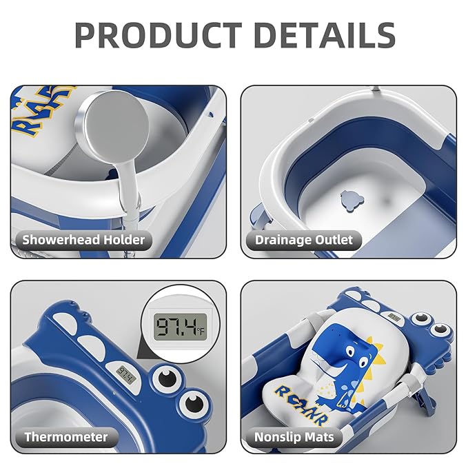 Collapsible Baby Bathtub for Newborn, Foldable Baby Bath Tub with Thermometer & Soft Floating Cushion & Drain Hole, Portable Travel Infant Bath Tubs for Newborns to Toddlers 0-36 Months Boy,NavyBlue