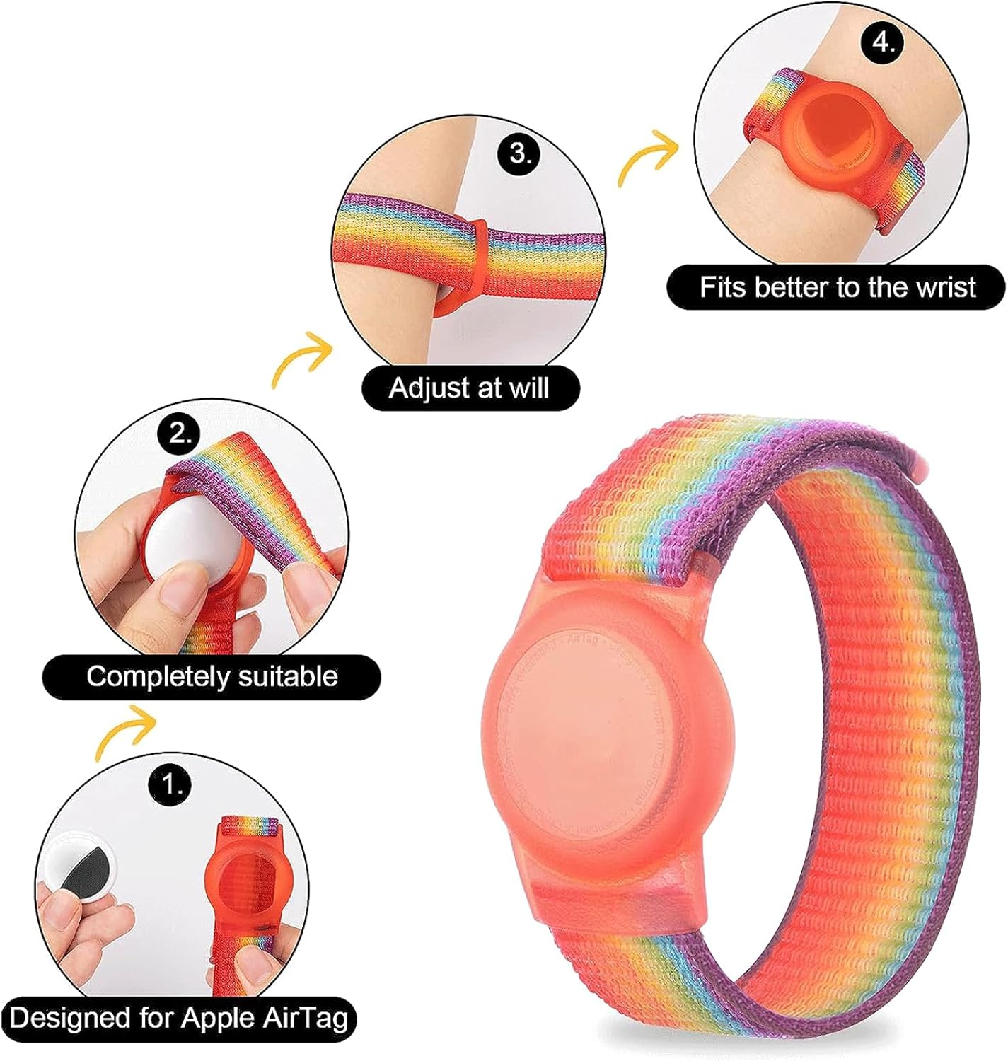 2 Pack AirTag Bracelet for Kids, Apple Air Tag Protective Cover with Nylon Wristband, Anti Lost GPS Trackers Case Cover Elastic Watch Band for Toddlers Girls Boys Elders (Rainbow,Blue)