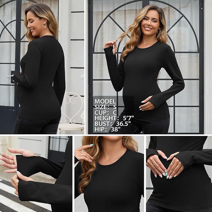 GINKANA Maternity Workout Tops Long Sleeve Pregnancy Yoga Shirts for Pregnant Women Thumb Holes Mama Clothes