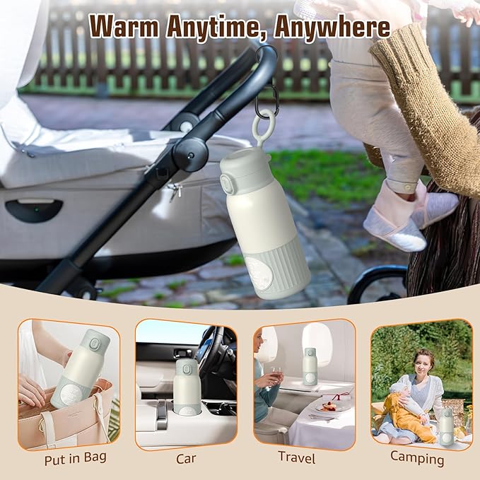 Portable Bottle Warmer for Breast Milk,Formula or Water 13oz Large Capacity,100W Power Fast Warming & Precise Temp Control Baby Milk Warmer for Travel