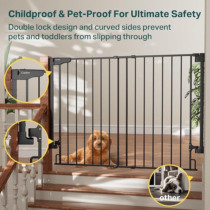 Cumbor 34" Extra Tall No Bottom Bar Baby Gate for Stairs, Wall Mounted Dog Gate Indoor for Larger Pets, Expandable 31.6-48" Safety Gate for Doorways, Wide Walk Thru Door for Easy Access (Black)