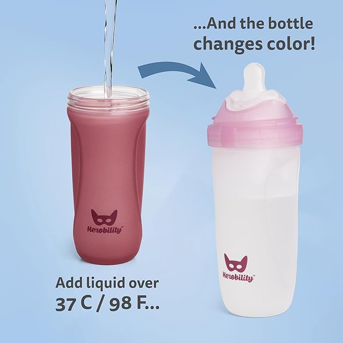 Herobility Glass Baby Bottle - 7 fl oz/220 ml - 3 Pack | Heat Sensing Color-Changing Bottle with Double Anti-Colic Nipple - Silicone Coating - Breastlike Nipples for Newborn Babies - Rose Color