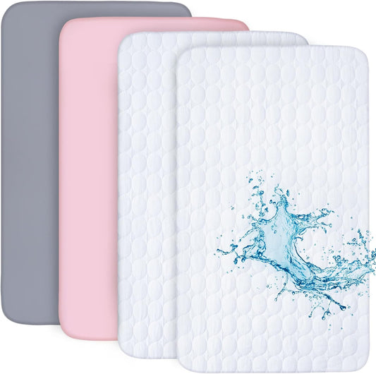 Crib Sheets and Waterproof Crib Mattress Protector 4 Pack Set,Waterproof Crib Sheets Mattress Pad Cover for Baby Boys and Girls, Grey&Pink