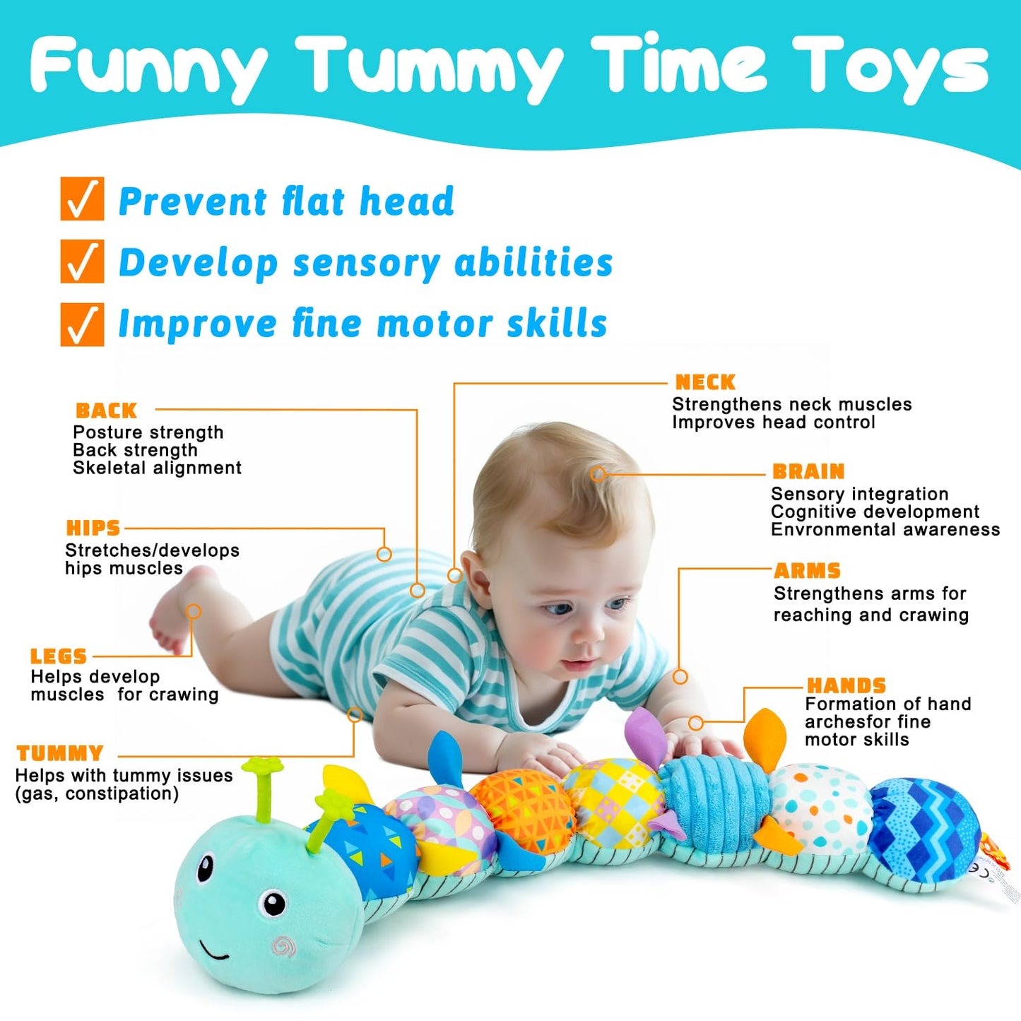 Baby Tummy Time Toys 0-6 Month Musical Stuffed Animal Plush Caterpillar Toy for Infant 6-12 Month Teething Sensory Toy with Crinkle Rattle for Babies 0-3-6 Month Newborn Boy Girl Birthday Gift 1