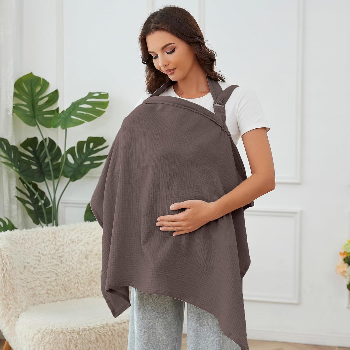 Muslin Nursing Cover for Baby Breastfeeding, Breathable 100% Cotton Breastfeeding Cover with Rigid Hoop for Mother Nursing Apron (Coffee)
