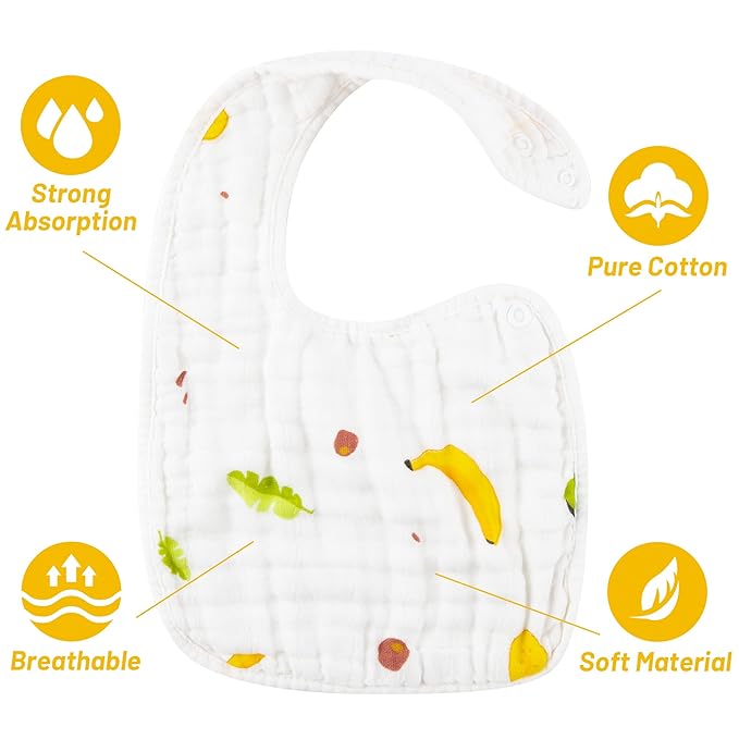 Zainpe 6Pcs Snap Muslin Cotton Bibs for Baby Lemon Flamingo Leaf Pineapple Bib with 6 Absorbent & Soft Layers Machine Washable Adjustable Burp Cloth for Drooling Eating and Teething