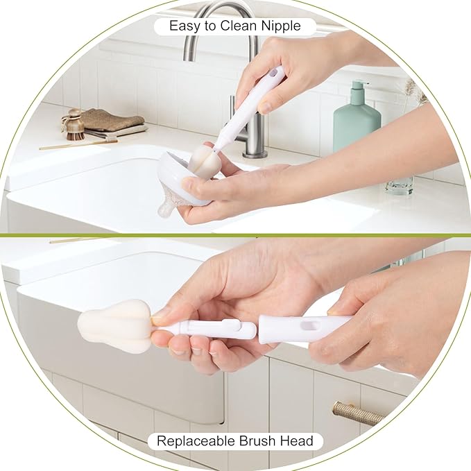 5-in-1 Baby Bottle Brush Kit, Silicone Bottle Brush for Baby Bottle and Breast Pumps, Sponge Nipple Brush with Replaceable Brush Head, Straw Brushes, Grey