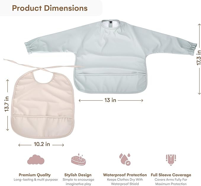 CHILDLIKE BEHAVIOR Baby Smock Bib - Waterproof Travel Buddy, Mess-Proof Feeding - Long Sleeves, Gentle Closure- Two-Layer