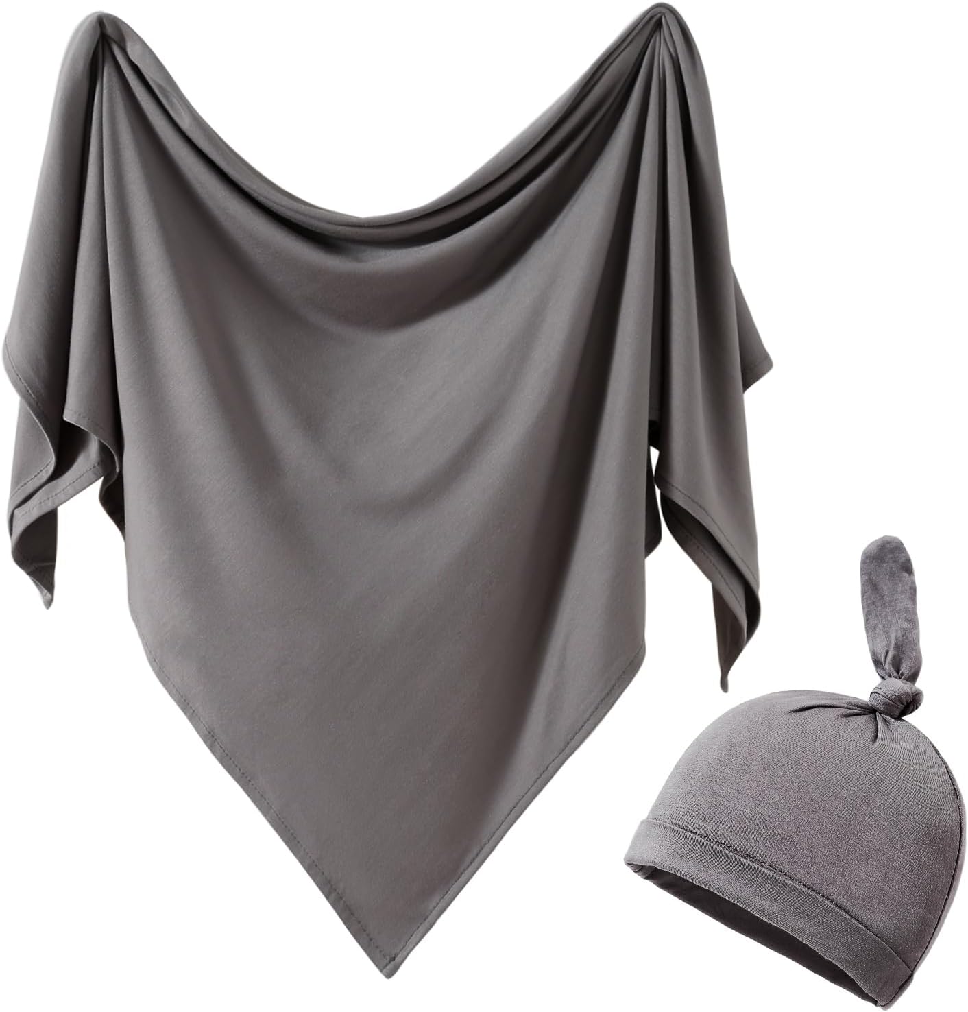 iEvolve Cotton Knitted Baby Swaddle Blanket with Hat Headband Set Newborn Swaddle Wrap Receiving Blankets for Baby Girl Boy 35" x 35"(Dark Grey)
