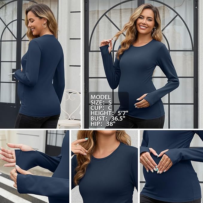 GINKANA Maternity Workout Tops Long Sleeve Pregnancy Yoga Shirts for Pregnant Women Thumb Holes Mama Clothes