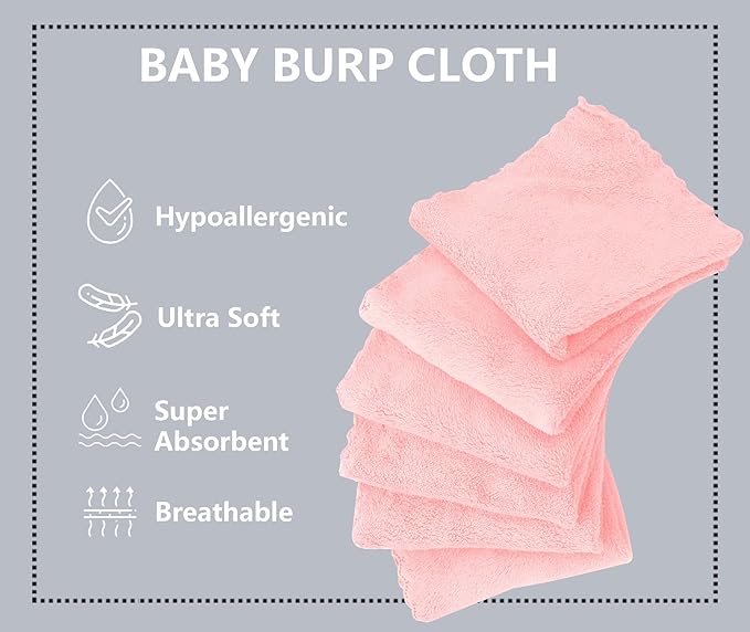 8 Pack Large Burp Cloths for Baby - 20" by 10" Ultra Absorbent Burping Cloth, Hand Washcloths, Newborn Towel - Milk Spit Up Rags - Burpy Cloths for Unisex, Boy, Girl - Burp Cloths Set(Pink)