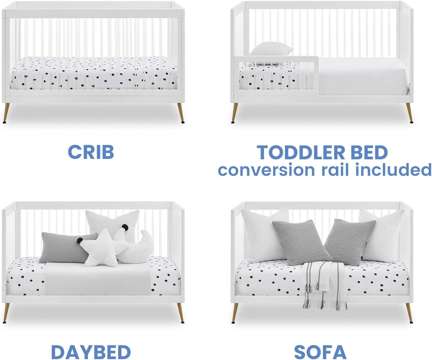 Delta Children Sloane Crib 7-Piece Baby Nursery Furniture Set–Includes: Convertible Crib, Dresser, Changing Top, Crib Mattress, Fitted Sheets, Toddler Guardrail & Changing Pad, White w/Melted Bronze