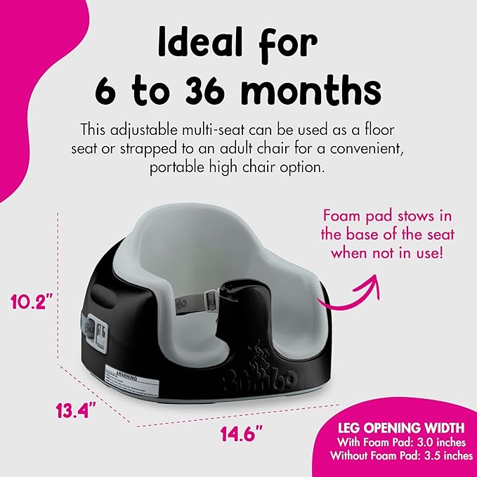 Bumbo 3-in-1 Multi-Seat for 6 to 36 Months, Travel Baby Feeding & Play Floor Seat, All-in-One Portable Booster with Tray & Toddler High Chair, Black/Cool Grey