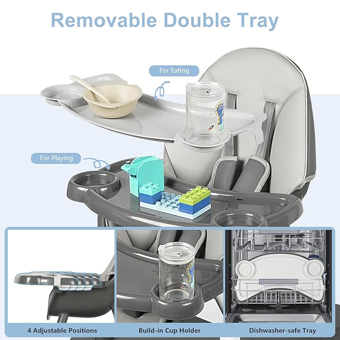 6 in 1 Baby High Chair, Convertible Highchair for Babies and Toddlers, Building Block Table Highchair with 5-Point Safety Harness/Removable Tray, Infant Feeding Table and Chair Set, Grey