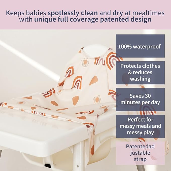 Long Sleeve Baby Bib - Mess-Proof Feeding Bibs for Babies - Adjustable, Waterproof, and Highchair/Table Attachment