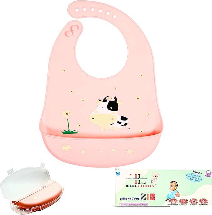 Silicone Baby Bibs Unisex, Self-Feeding, Catch-all Large Pocket, 6-48 months, BPA-Phthalate Free, w/Travel Case
