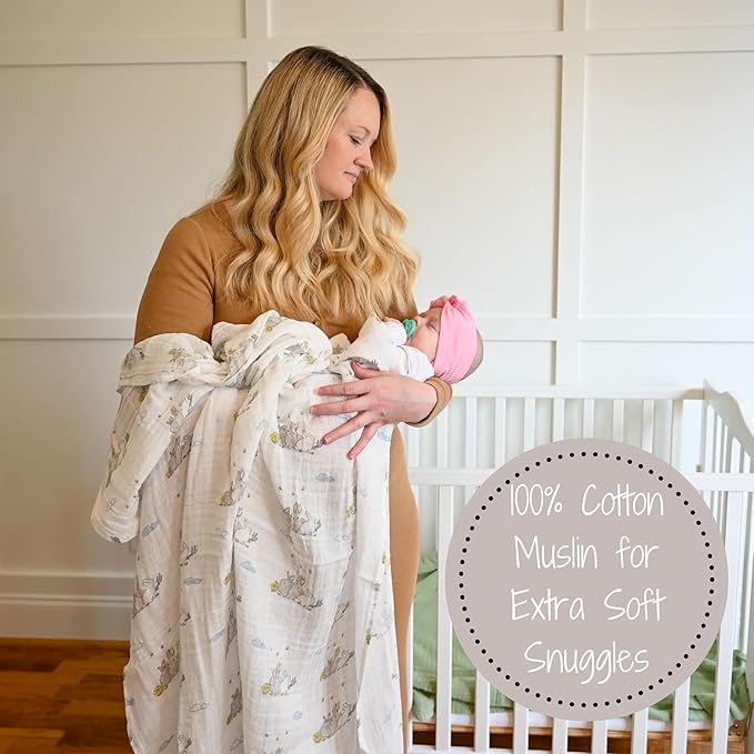 LollyBanks Muslin Swaddle Blankets, 100% Cotton Soft Baby Swaddle Blanket for Boys and Girls, Large 47 x 47 Inches Breathable Baby Receiving Blankets, Baby Essentials, Registry (Rabbit Theme)
